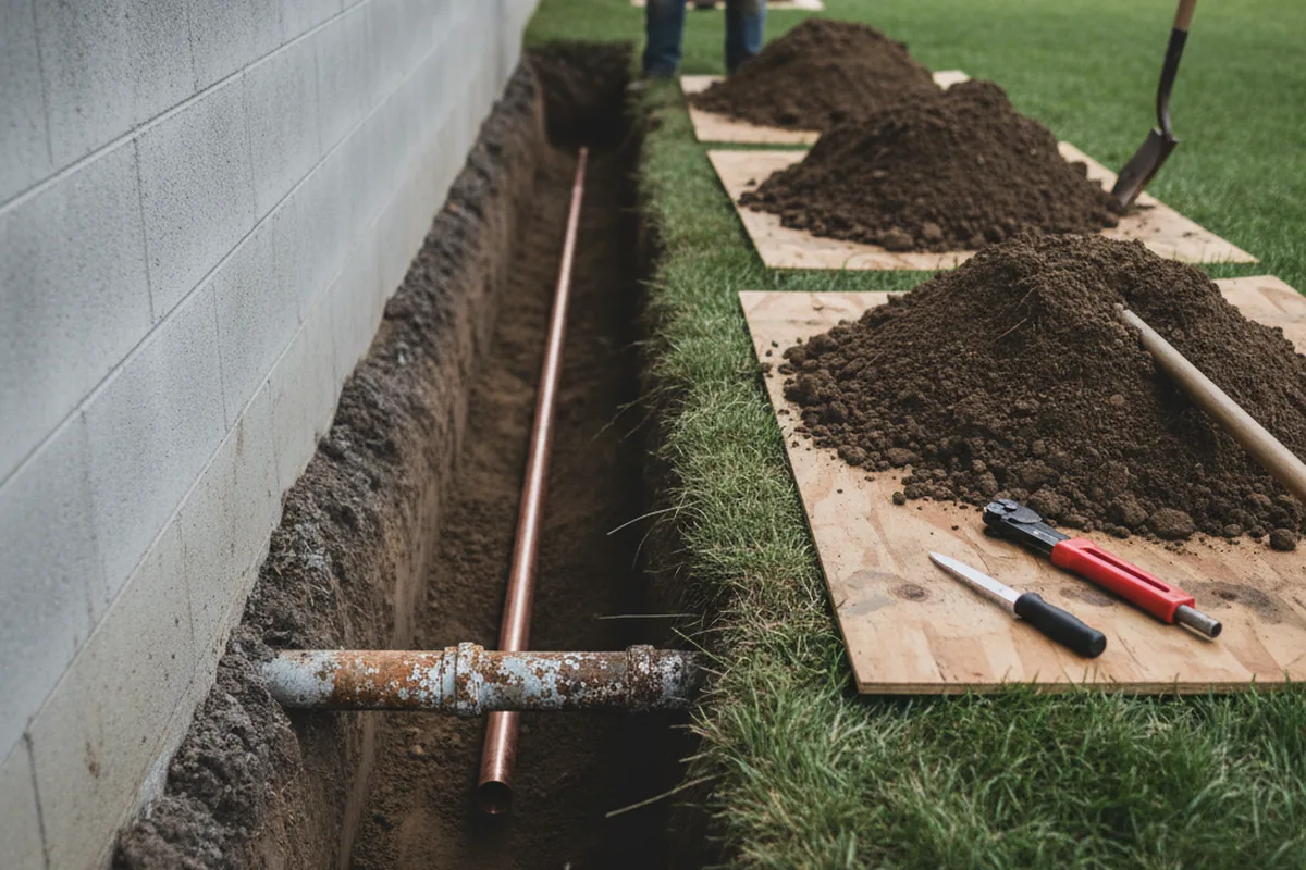 Excavated water line trench during Sewer Line Repair in Lake Andes